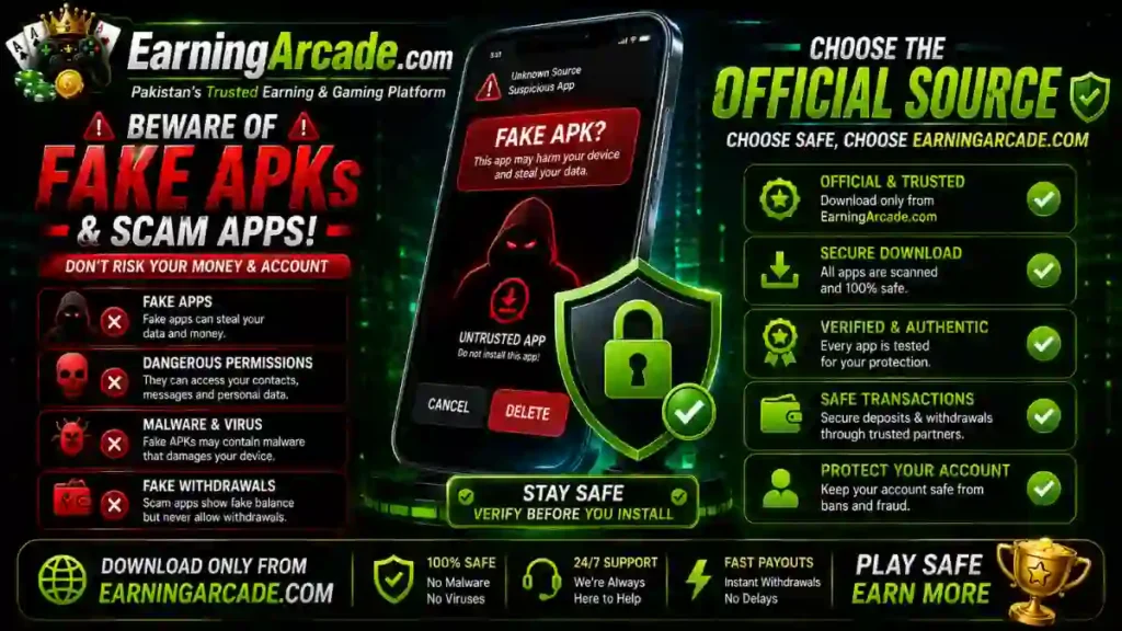 Fake APK warning by EarningArcade.com