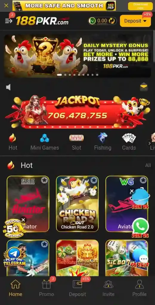 188PKR App Dashboard Navigation and Deposit Interface